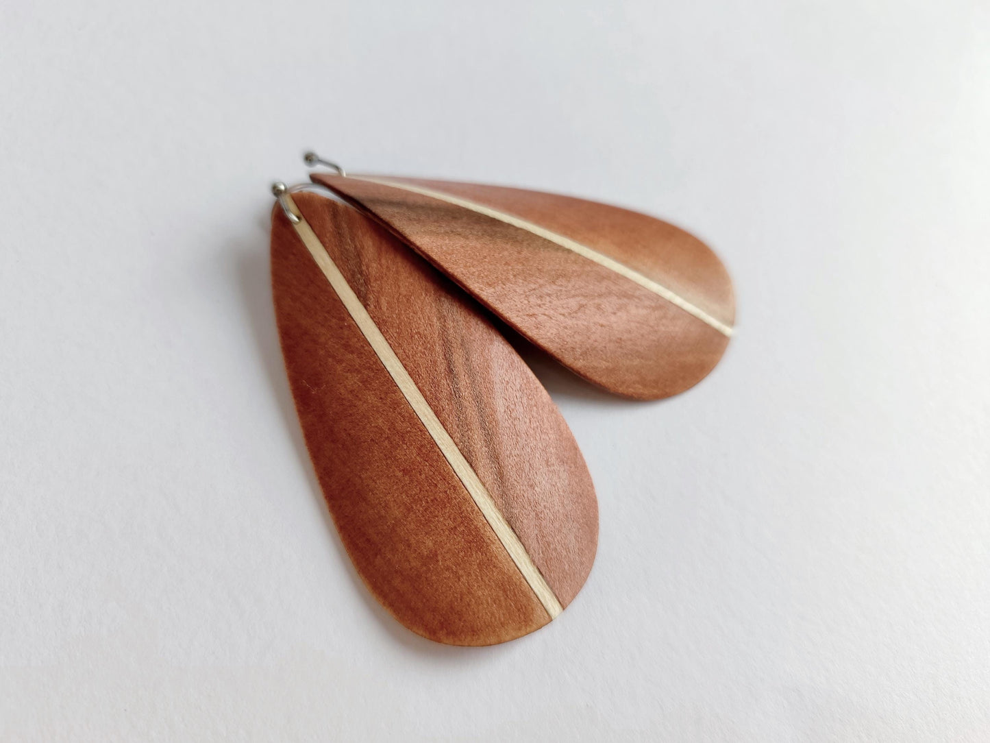 Curved Wood Leaf Dangle Earrings – Indian Apple, Maple, Stainless Steel Hooks