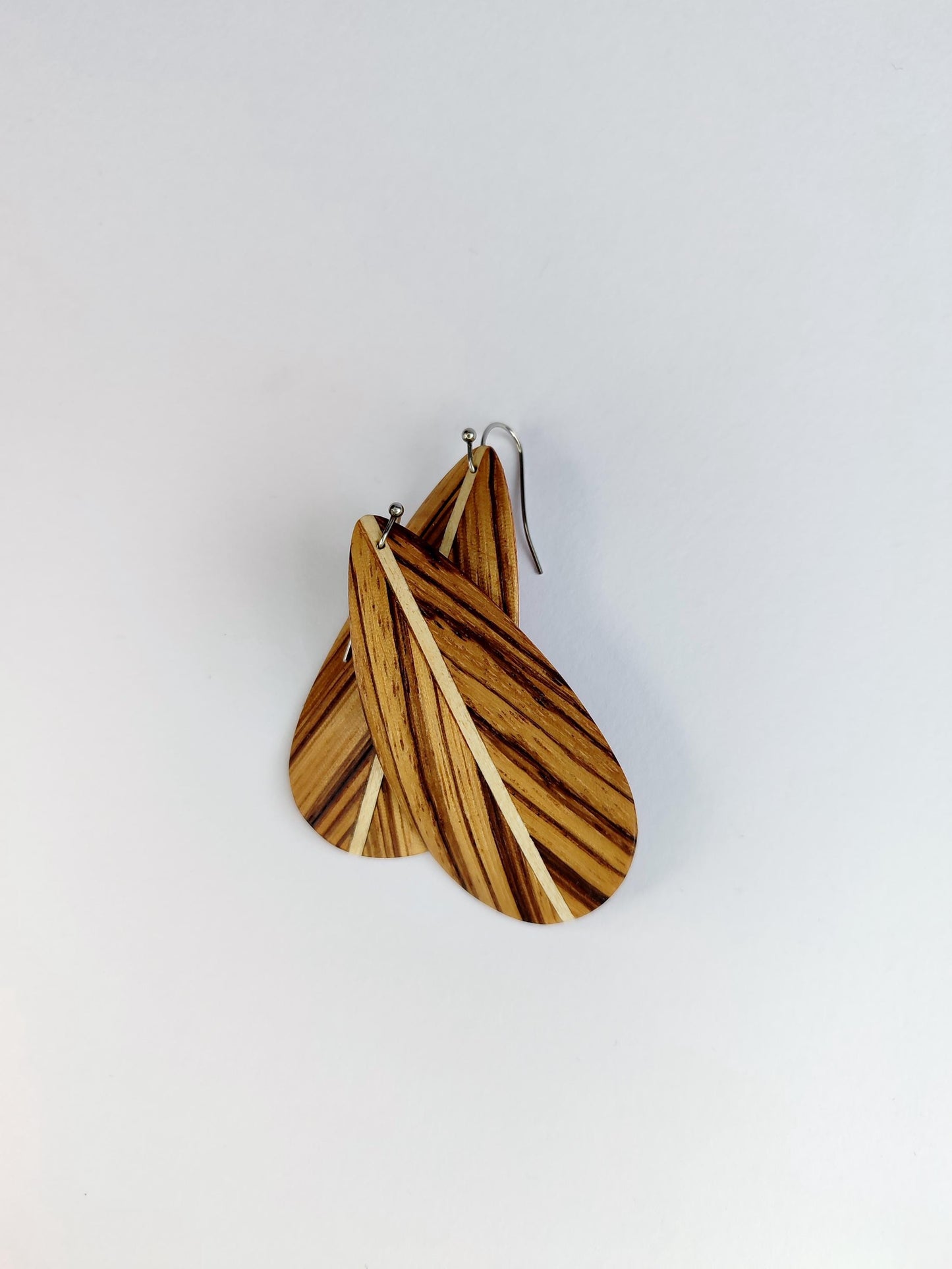 Zebra wood earrings with stainless steel hook - feather style