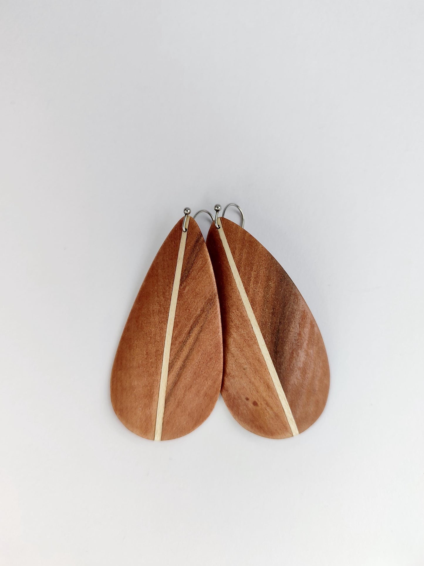 Curved Wood Leaf Dangle Earrings – Indian Apple, Maple, Stainless Steel Hooks