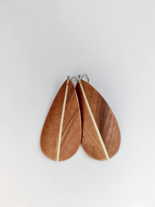 Curved Wood Leaf Dangle Earrings – Indian Apple, Maple, Stainless Steel Hooks
