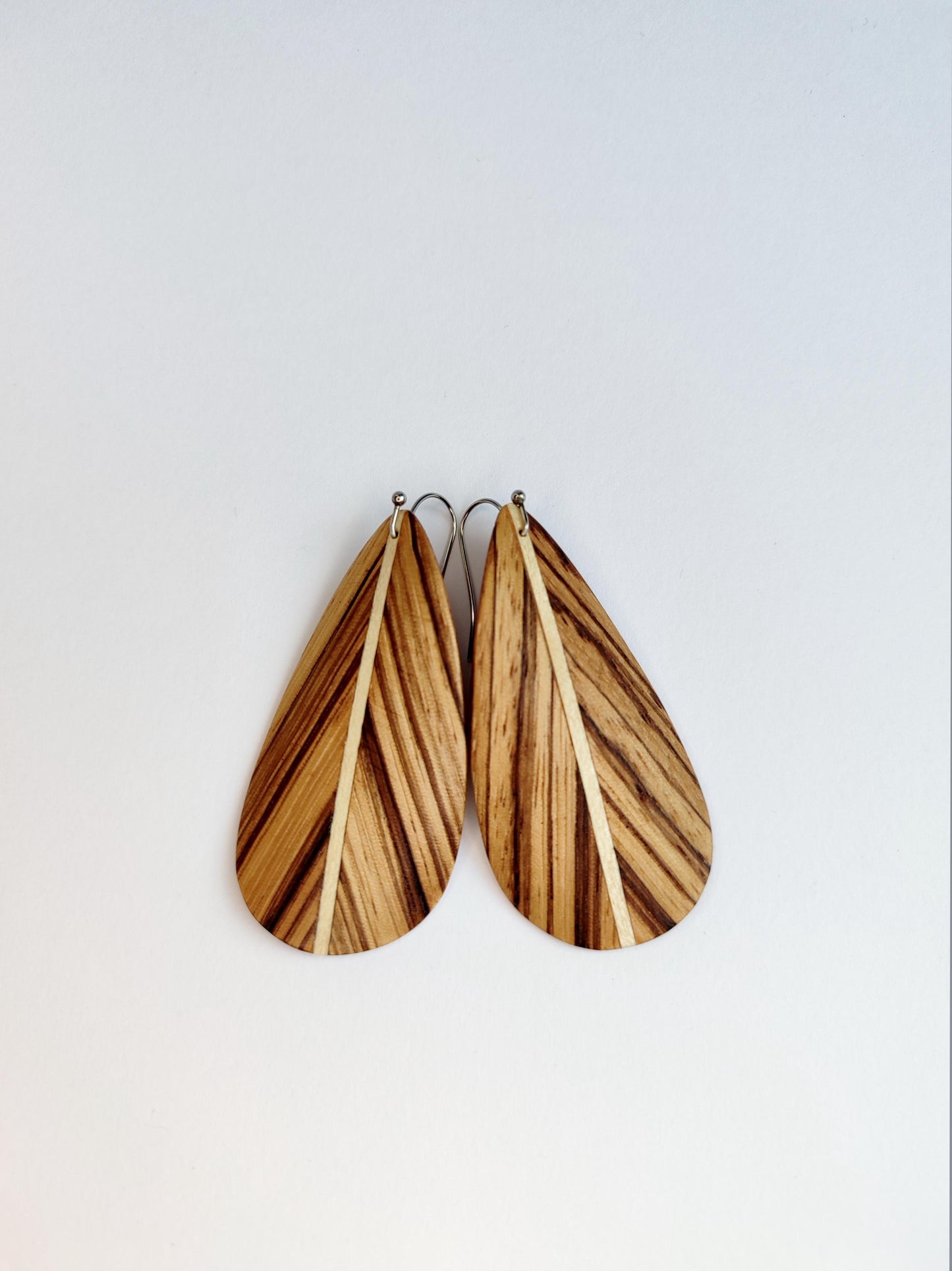 Zebra wood earrings with stainless steel hook - feather style