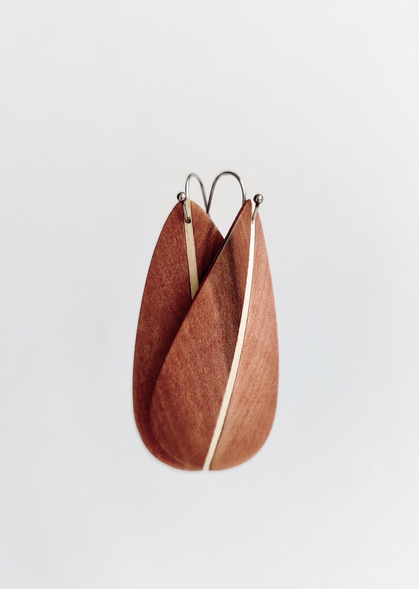 Curved Wood Leaf Dangle Earrings – Indian Apple, Maple, Stainless Steel Hooks