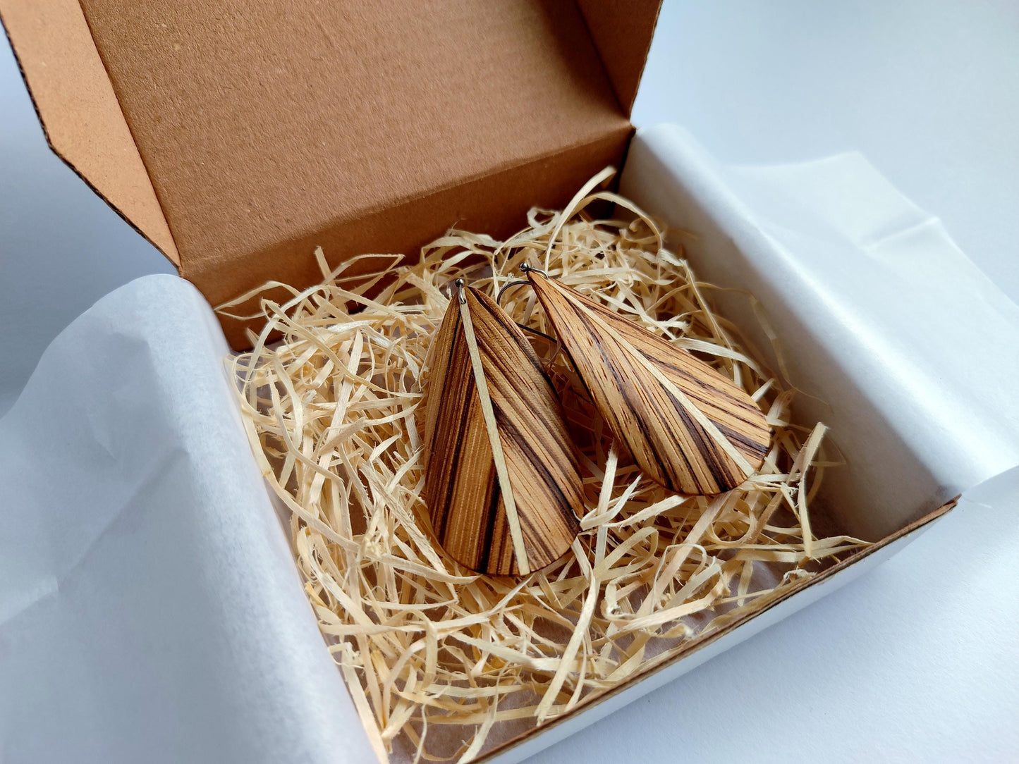 Zebra wood earrings with stainless steel hook - feather style