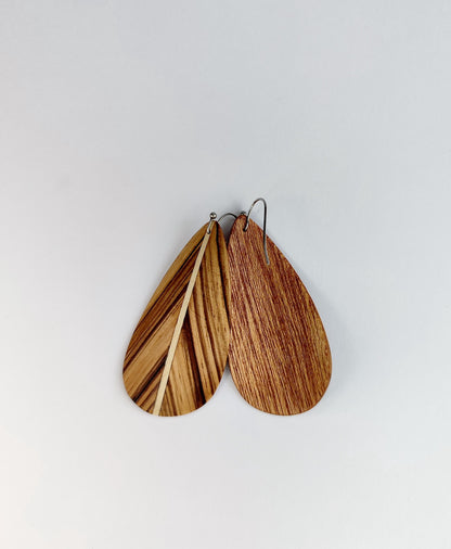 Zebra wood earrings with stainless steel hook - feather style