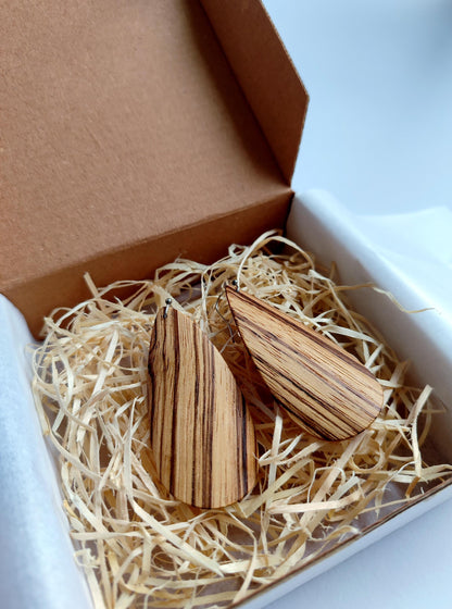Zebra Wood Teardrop Earrings • Handmade Zebrano Wood Jewelry • Bold Striped Dangles
