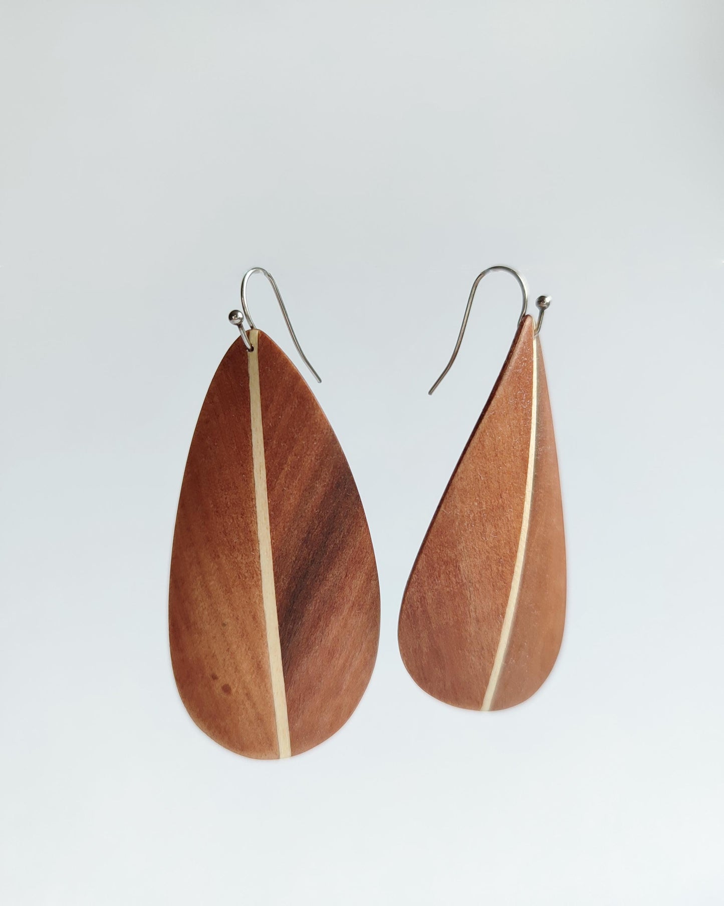 Curved Wood Leaf Dangle Earrings – Indian Apple, Maple, Stainless Steel Hooks