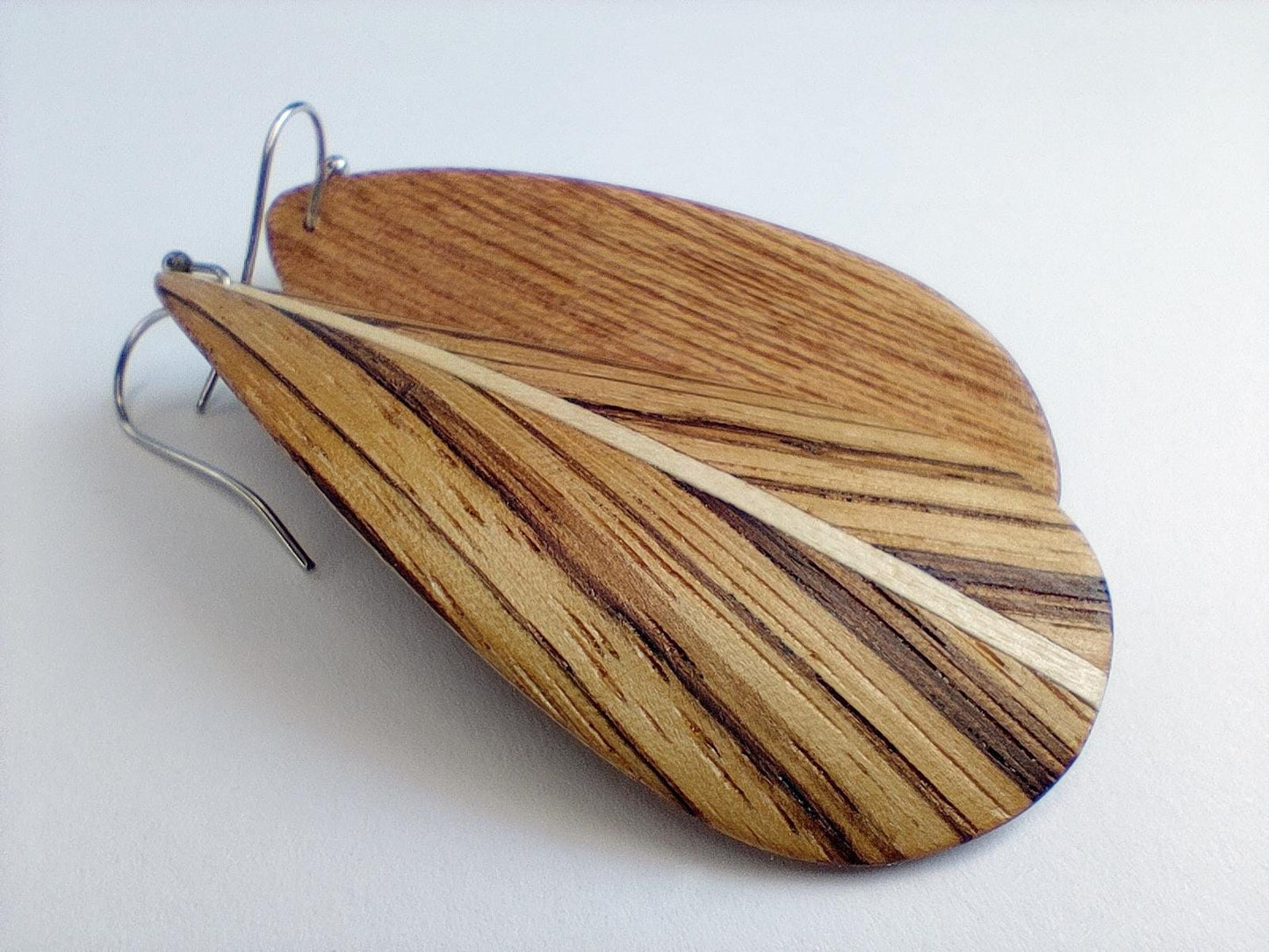 Zebra wood earrings with stainless steel hook - feather style