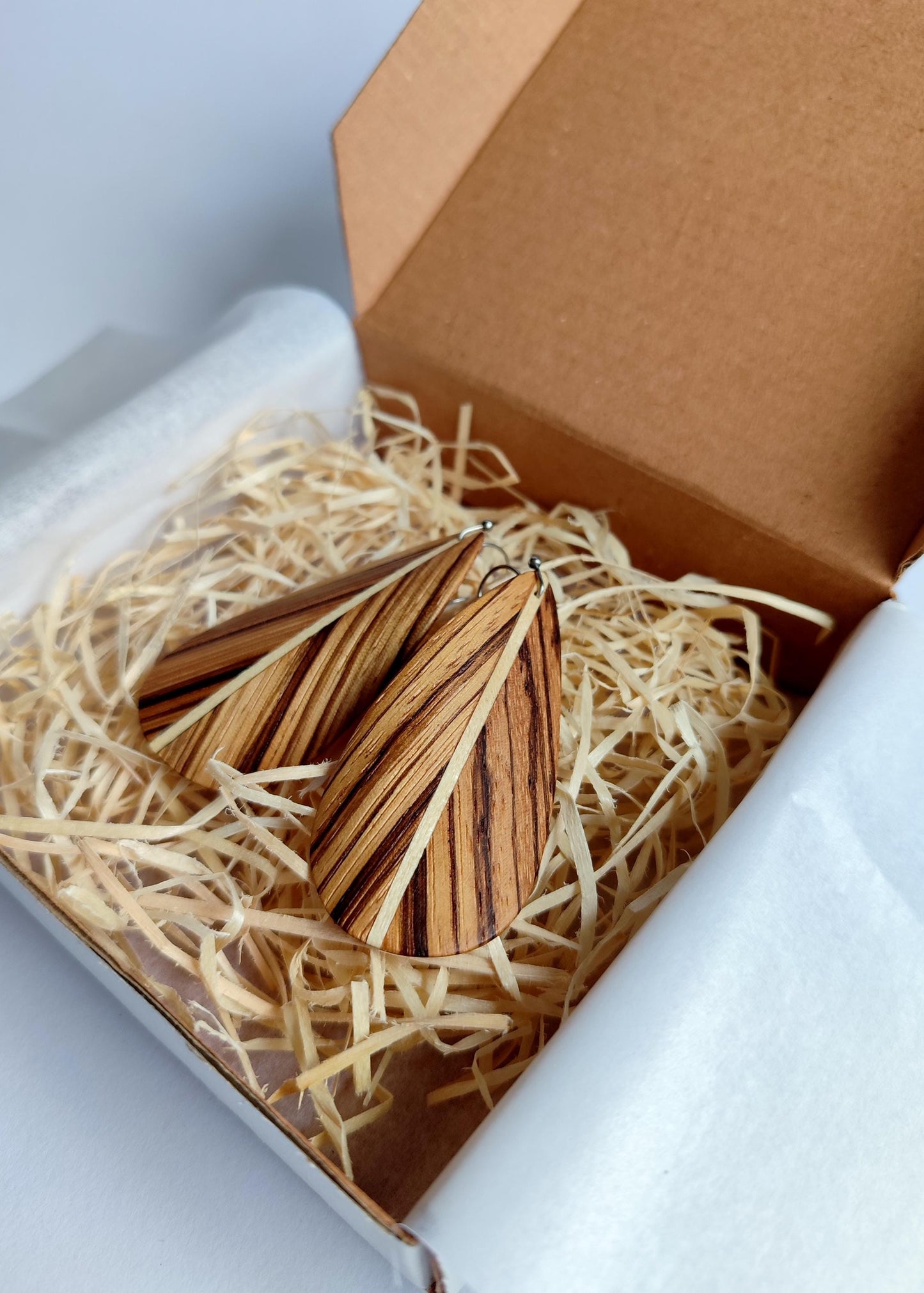 Zebra wood earrings with stainless steel hook - feather style